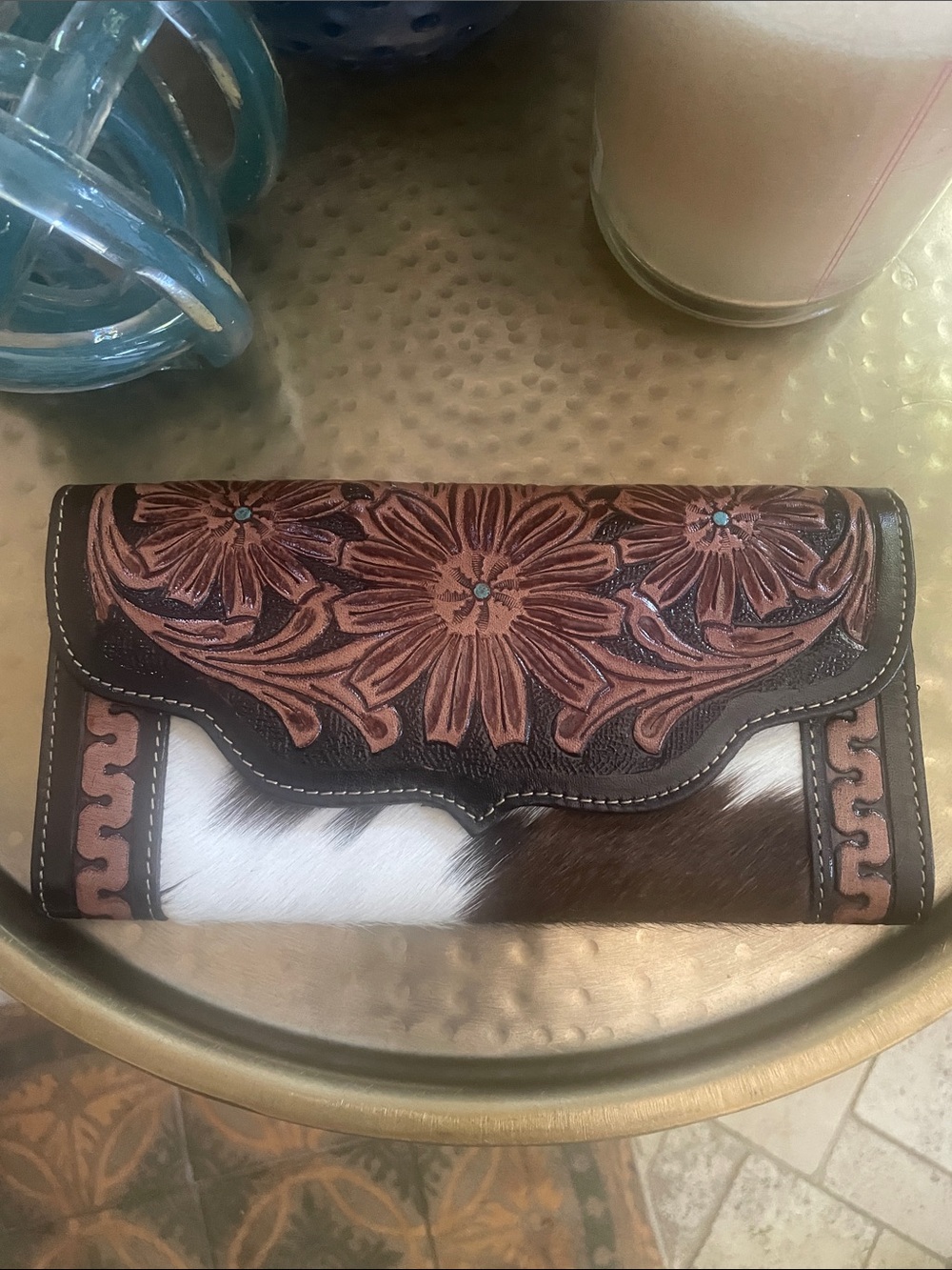 Leather Pony Fur Clutch Wallet Purse Brown Turquoise Accent Beautiful - Picture 2 of 16